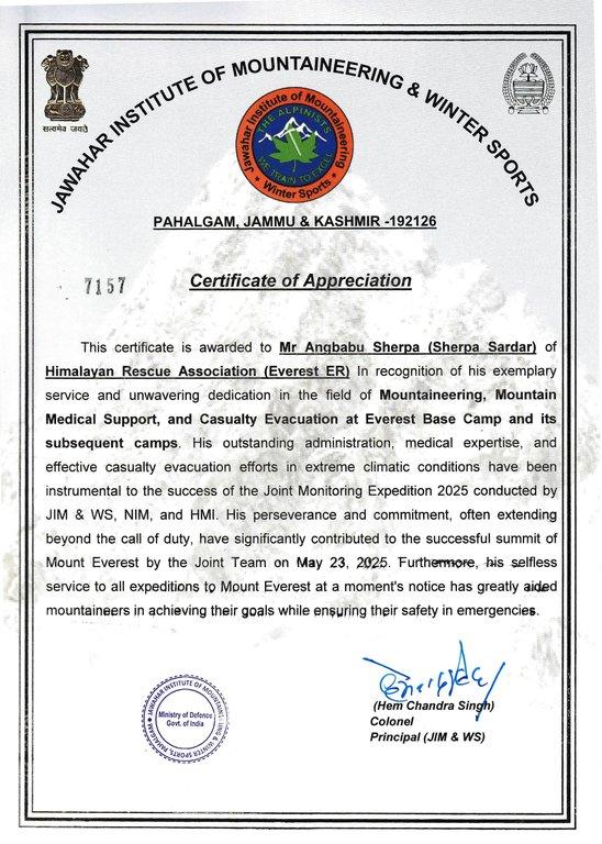 Appreciation Letter from the Jawahar Institute of Mountaineering and Winter Sports (JIM & WS)